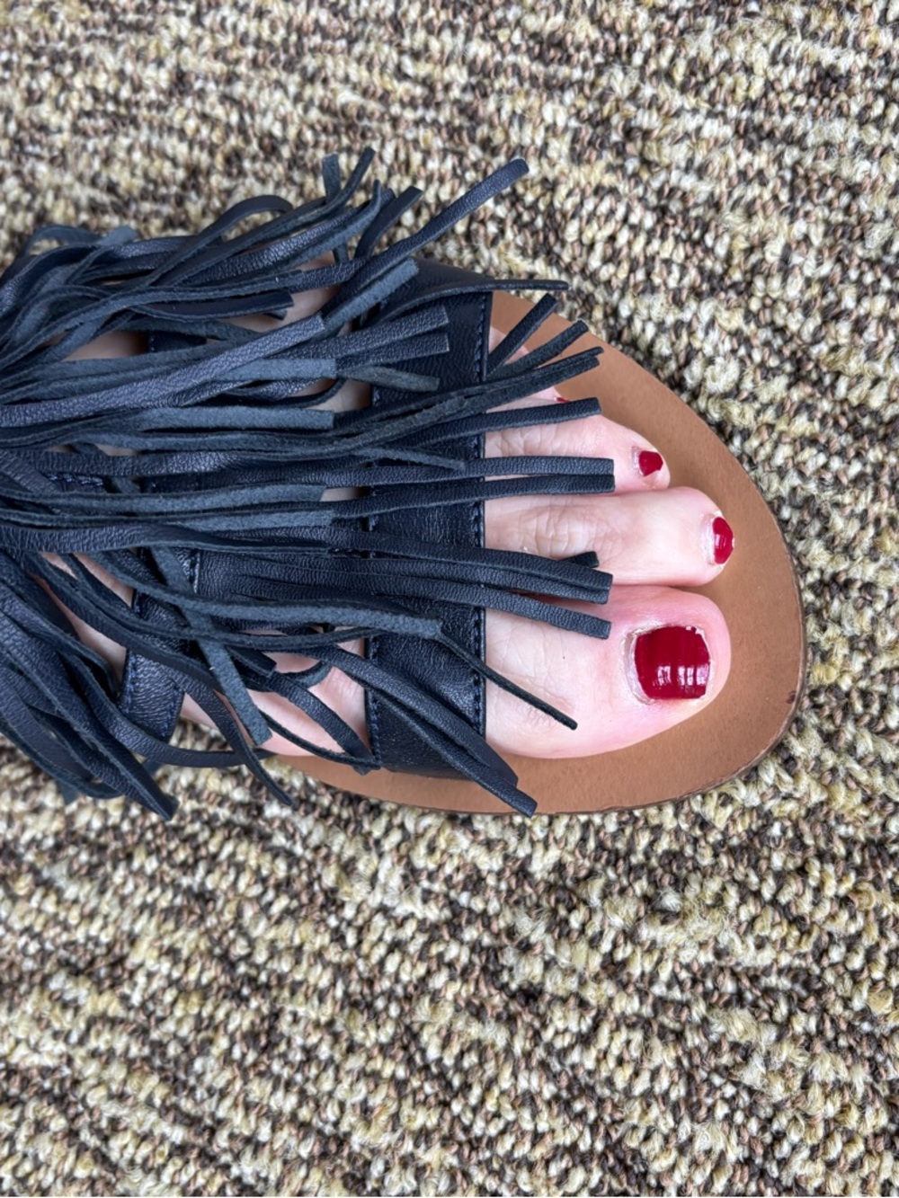 J. Crew Navy Fringe Tan Footbed Slingback Sandals - Picture 6 of 9